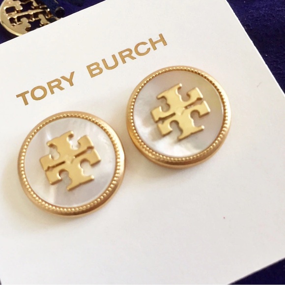 Tory Burch Jewelry - Tory Burch Mother of Pearl Gold Logo Stud Earrings New